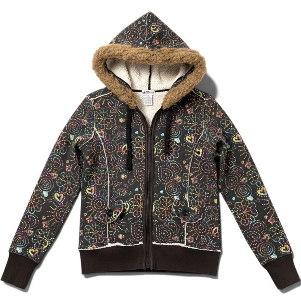 Self Esteem Y2K Rainbow Peace Heart Sherpa Lined Hoodie Faux Fur Trim Large L